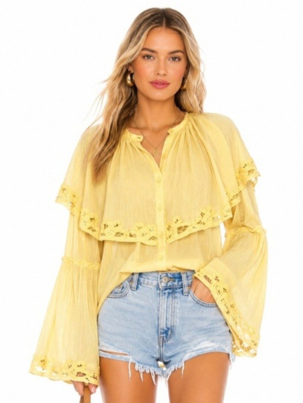 Free People Riley Battenburg Yellow Ruffle Button Front Top Women’s Medium